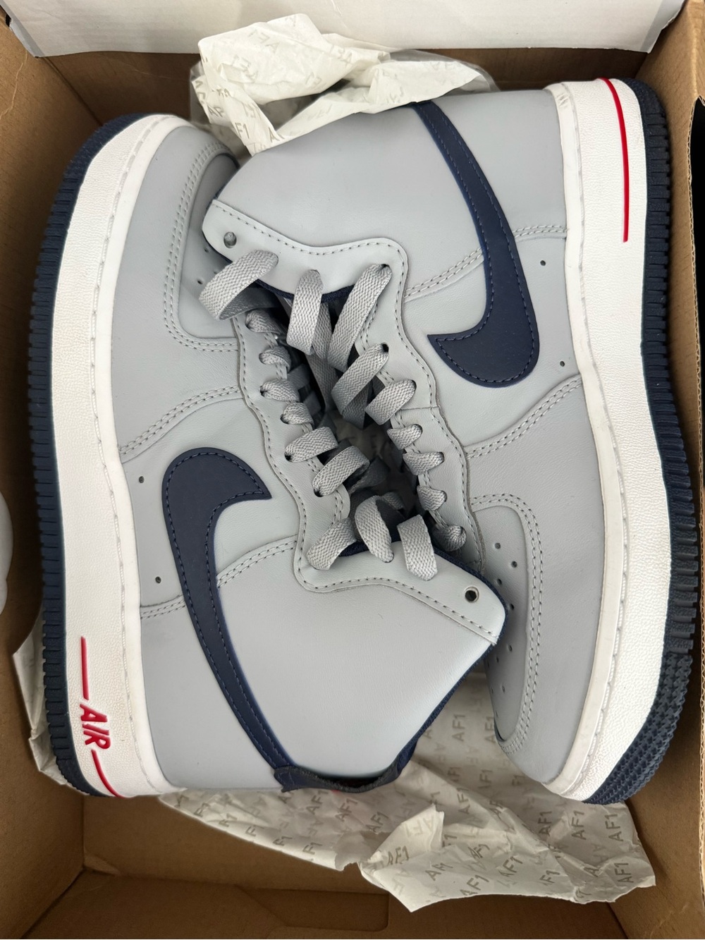 Nike Women’s Air Force 1 High-Top - Light Gray/Navy with Red Accent